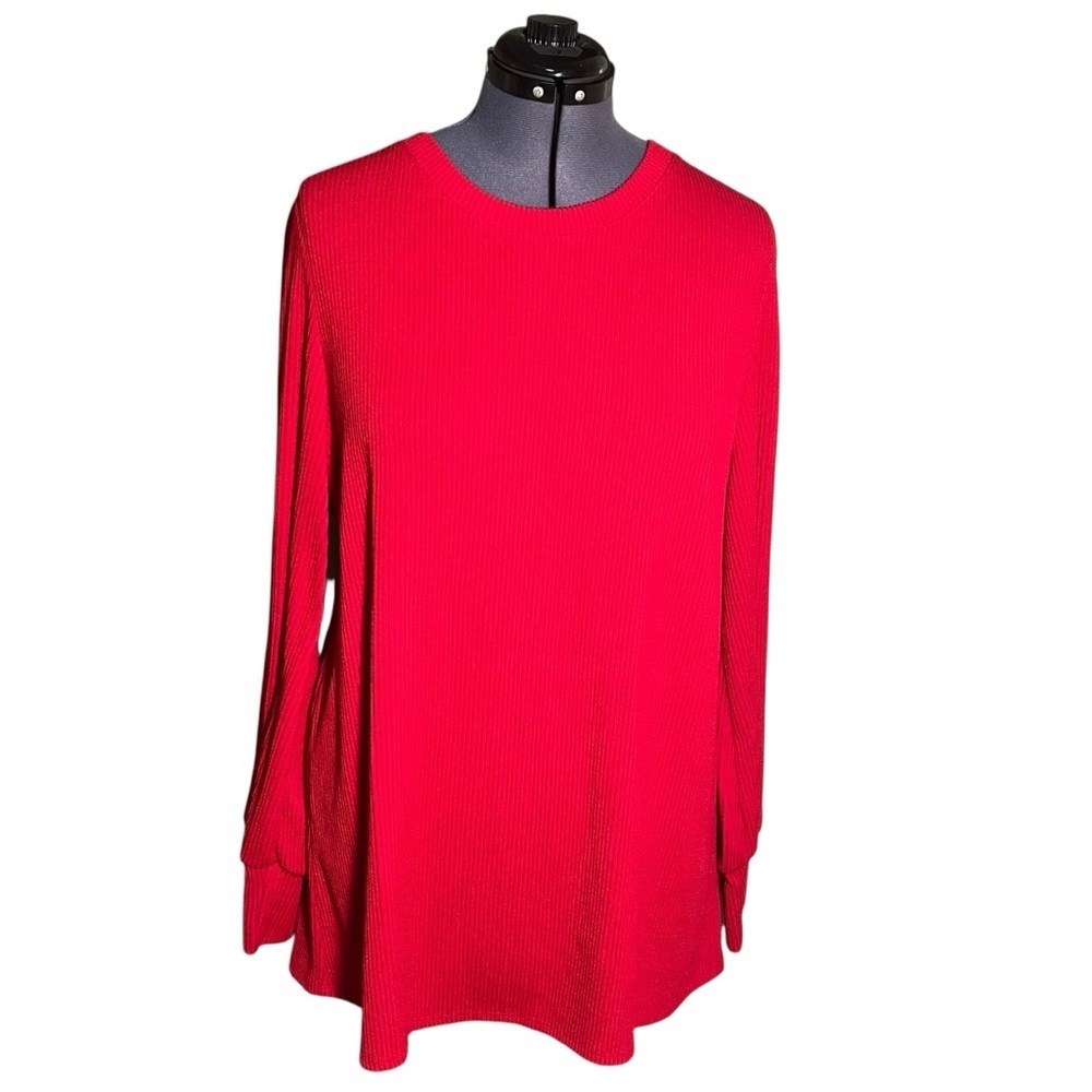 Celeste‎ Women's Plus Size 2XL Crewneck Top Long Sleeve Ribbed Red Puff Sleeve